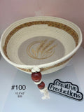 Rope basket with embroidered wheat design and fabric trim
