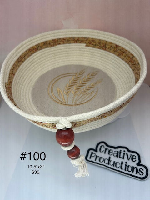 Rope basket with embroidered wheat design and fabric trim