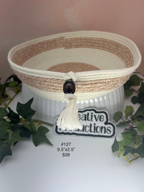 Natural colored rope basket with brown print fabric insert and trim