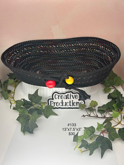 Black rope basket with multicolored trim