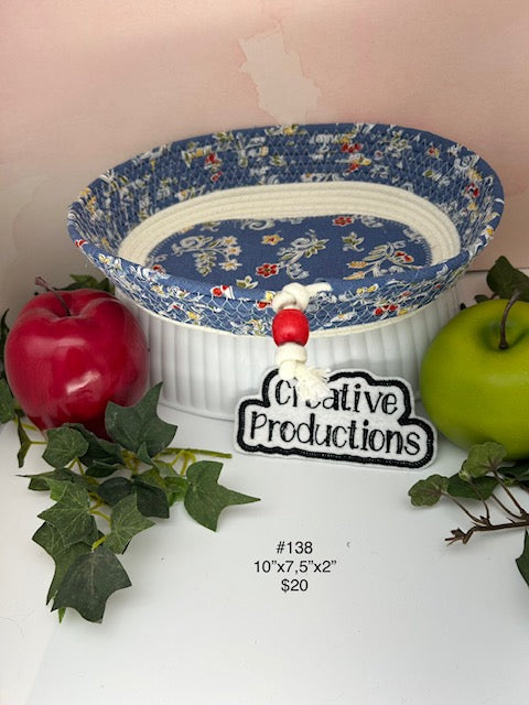 Rope Basket with blue floral fabric insert and trim