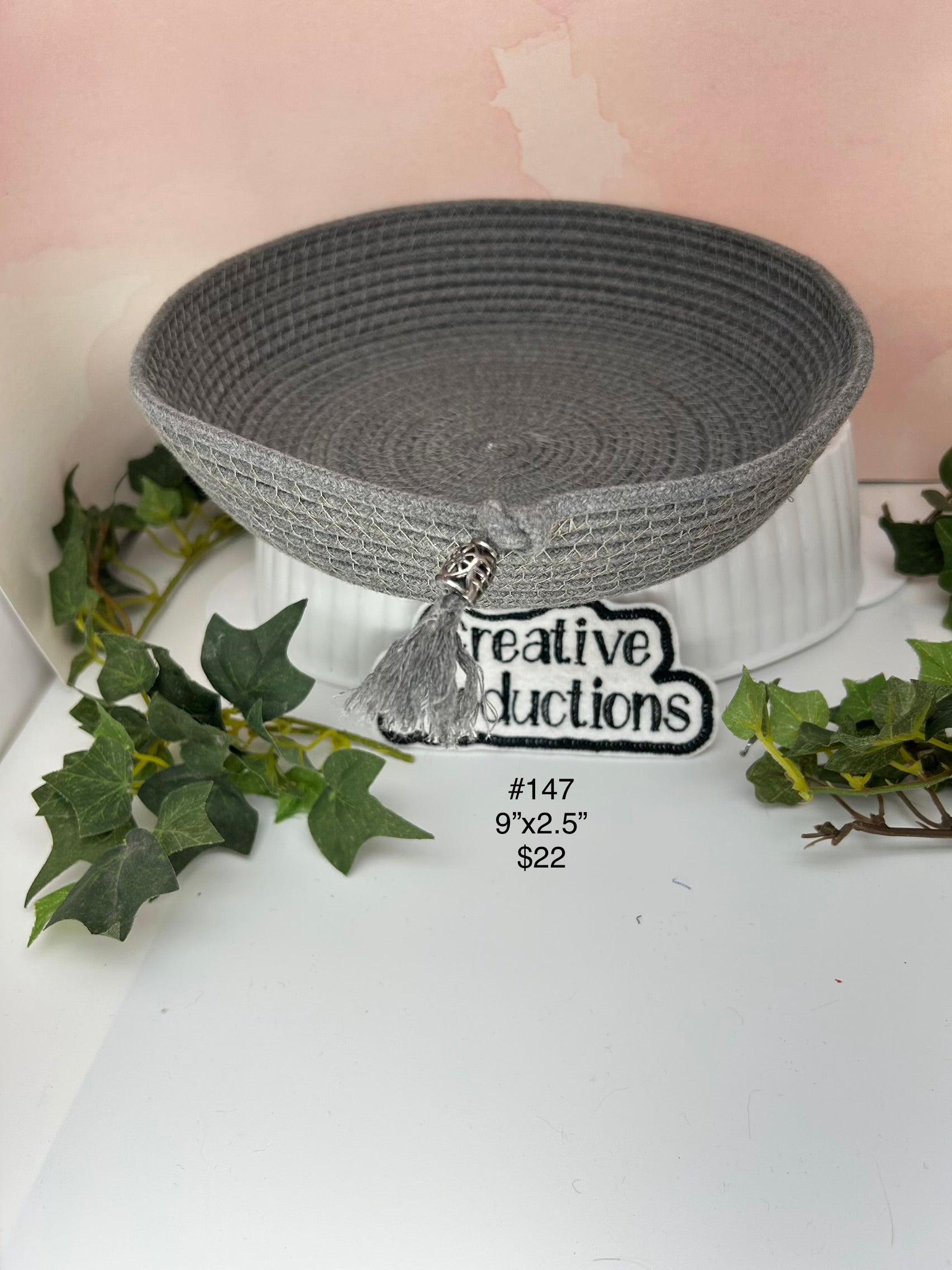 Gray rope basket with silver bead accent