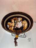 dark brown rope basket with horse design fabric insert.