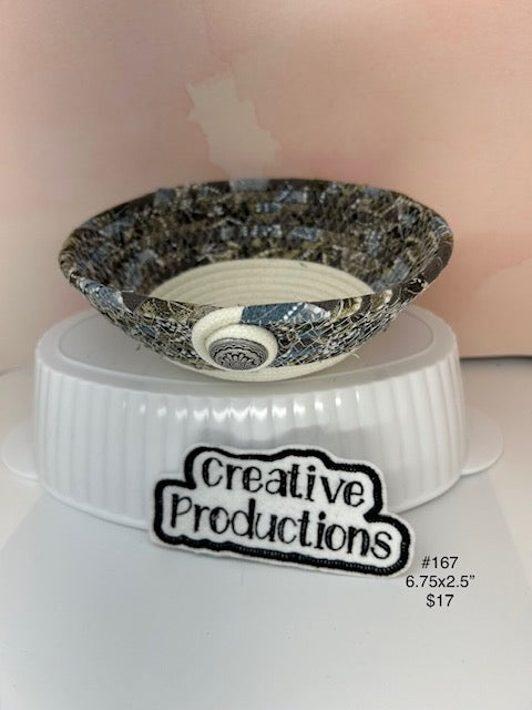 Rope basket with gray tones of fabric accents